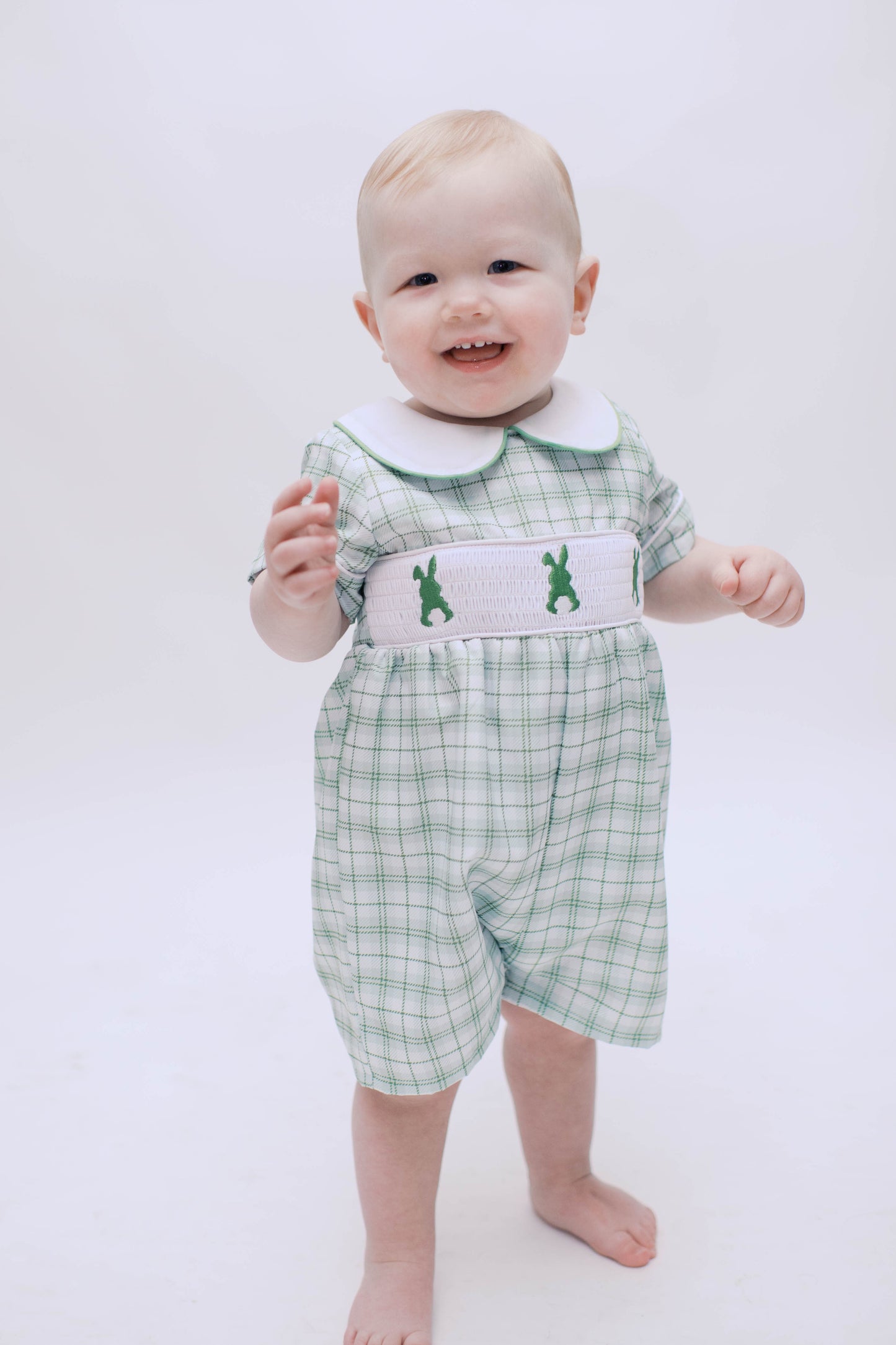 Green plaid Easter bunny smocked baby boy shortall.
